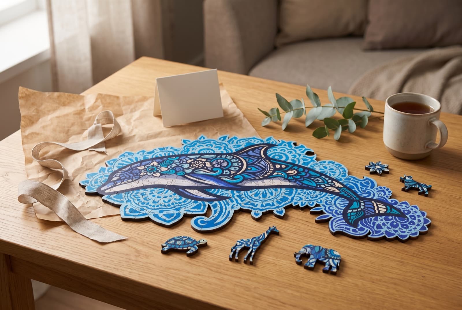 Idée cadeau pour un amateur de puzzle : puzzle en bois Dauphin Majestueux aux mandalas bleus posé sur une table basse en chêne, papier kraft, ruban de lin, carte vierge, branche d'eucalyptus, tasse de thé et pièces en bois en forme d'animaux