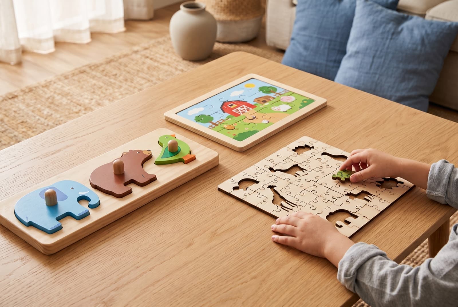 Puzzles en bois adaptés à différents âges sur une table en chêne : plateau à encastrement pour tout-petit, puzzle à cadre et puzzle découpé au laser aux pièces en forme d'animaux, mains d'enfant en train d'assembler